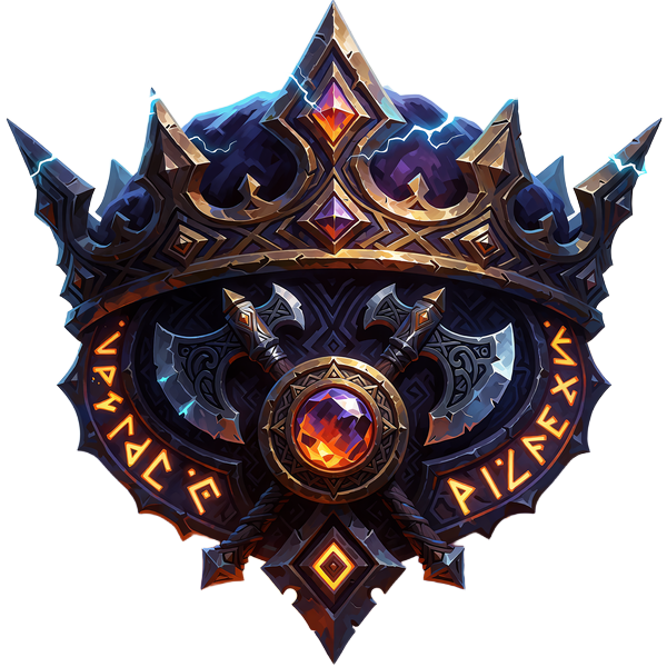Kronet guld- og sortst&aring;lsbadge med to krydsede krigs&oslash;kser og gl&oslash;dende ember-&aelig;delsten, Godslayer-niveauet