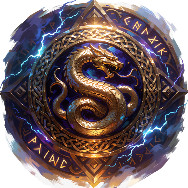Poleret guldmedalje med knudem&oslash;nster og havslange i relief, badge for Golden Leviathan i VIP-stigen