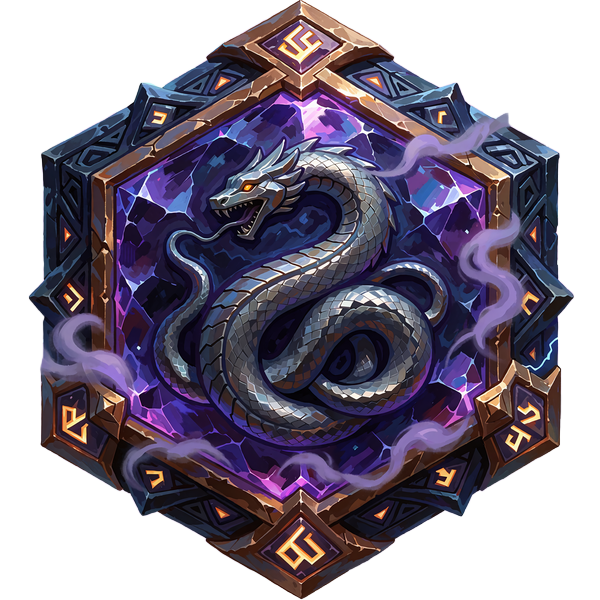 Sekskantet bronzebadge med violet krystalemalje og s&oslash;lvslange, symbol for Mythic Leviathan hos Godz