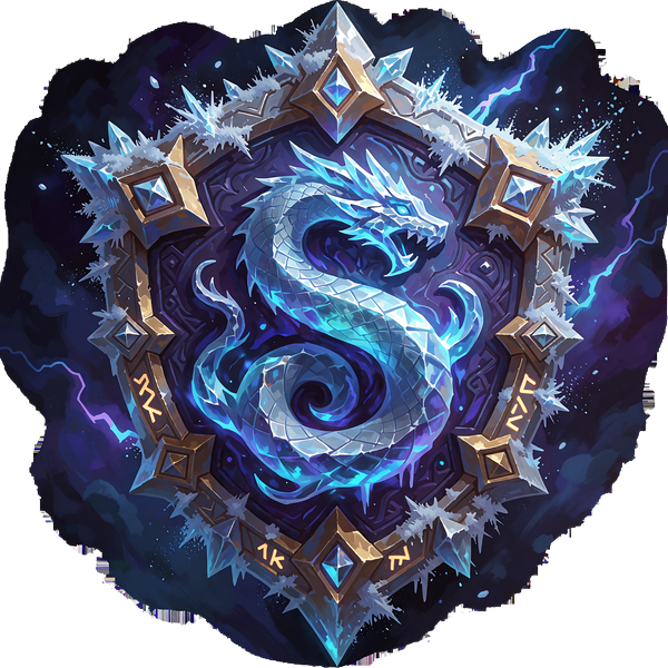 Skjoldformet st&aring;lbadge med frostkrystaller og isbl&aring; havslange, badge for Frostforged Leviathan